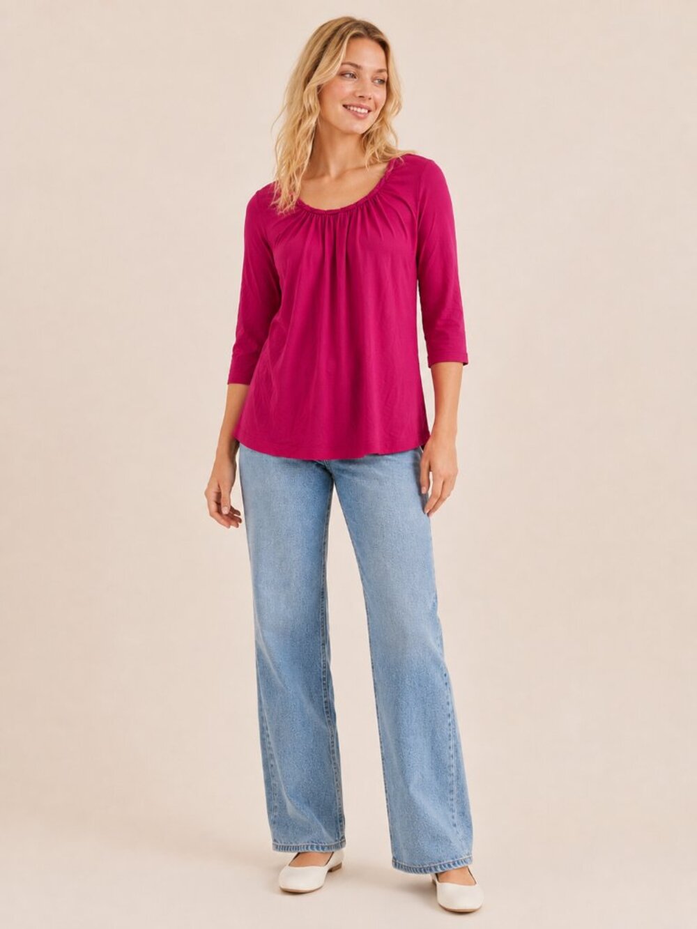 2/$30 Chico's Gathered Ruched Scoop Neck Blouse Magenta 4#A4121